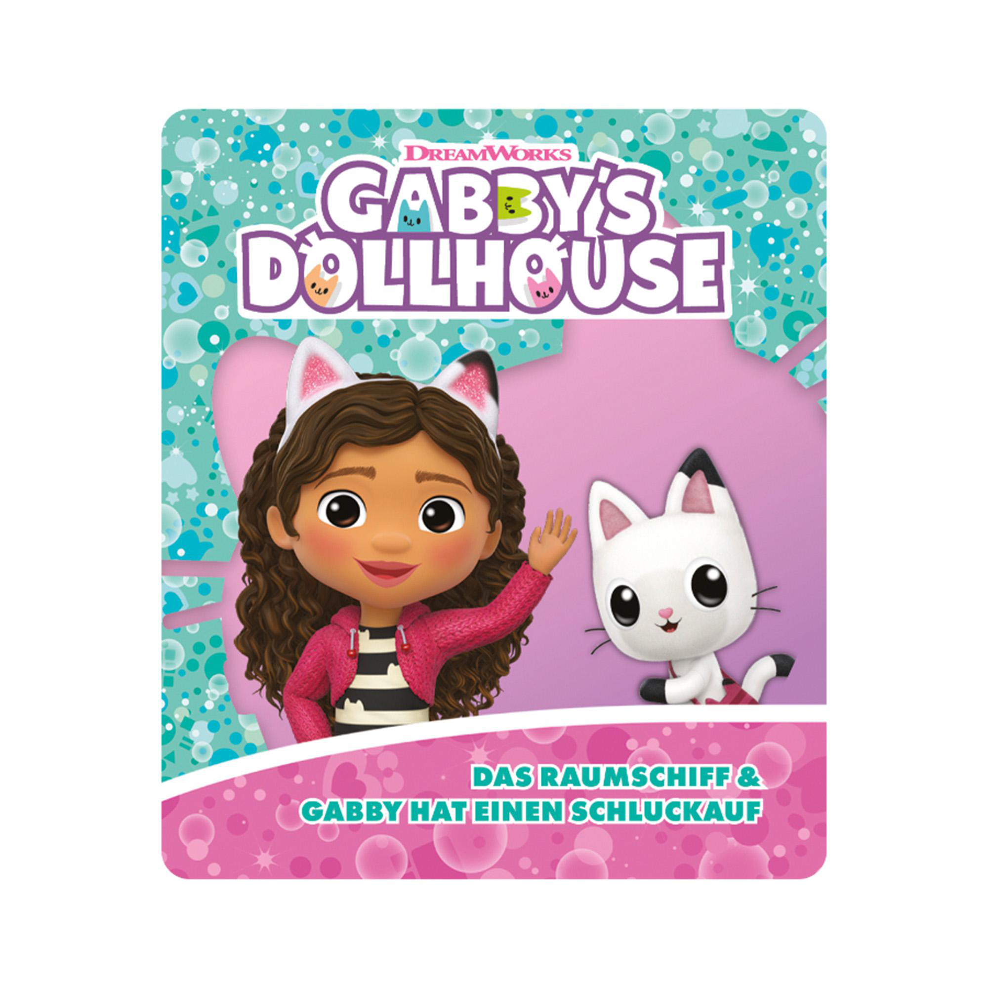 Gabby's Dollhouse-Buchcover. Zeigt Gabby mit Katzenohren und eine weiße Katze. Rosa und blauer Hintergrund.