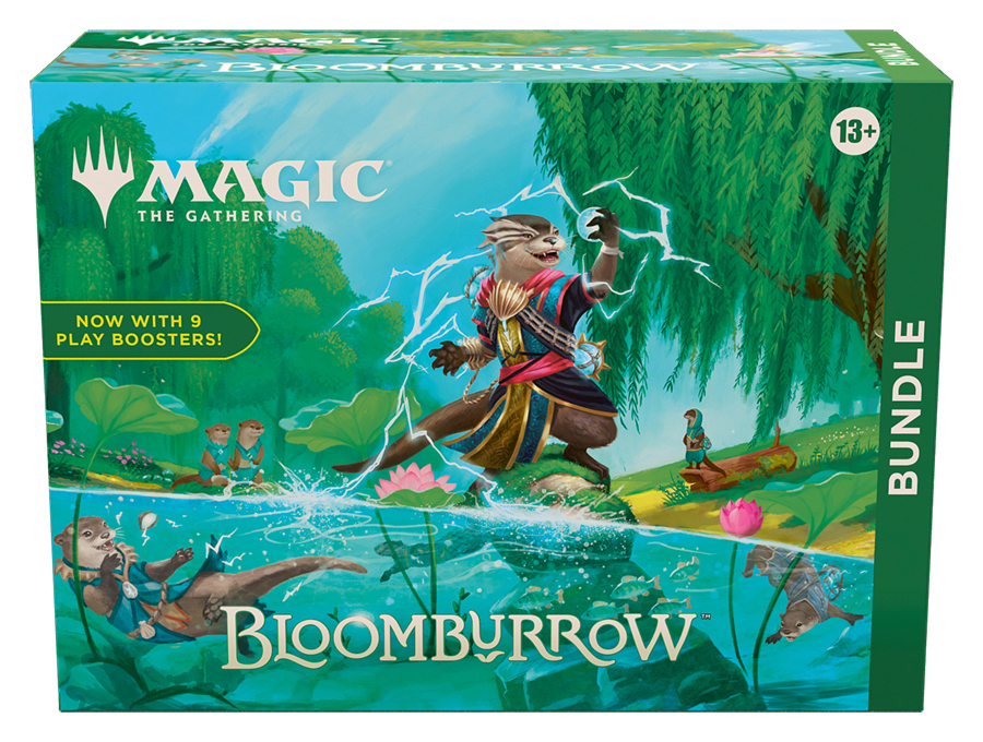Magic The Gathering: Bloomburrow Bundle Box mit einem Otter, der Blitze hält.
