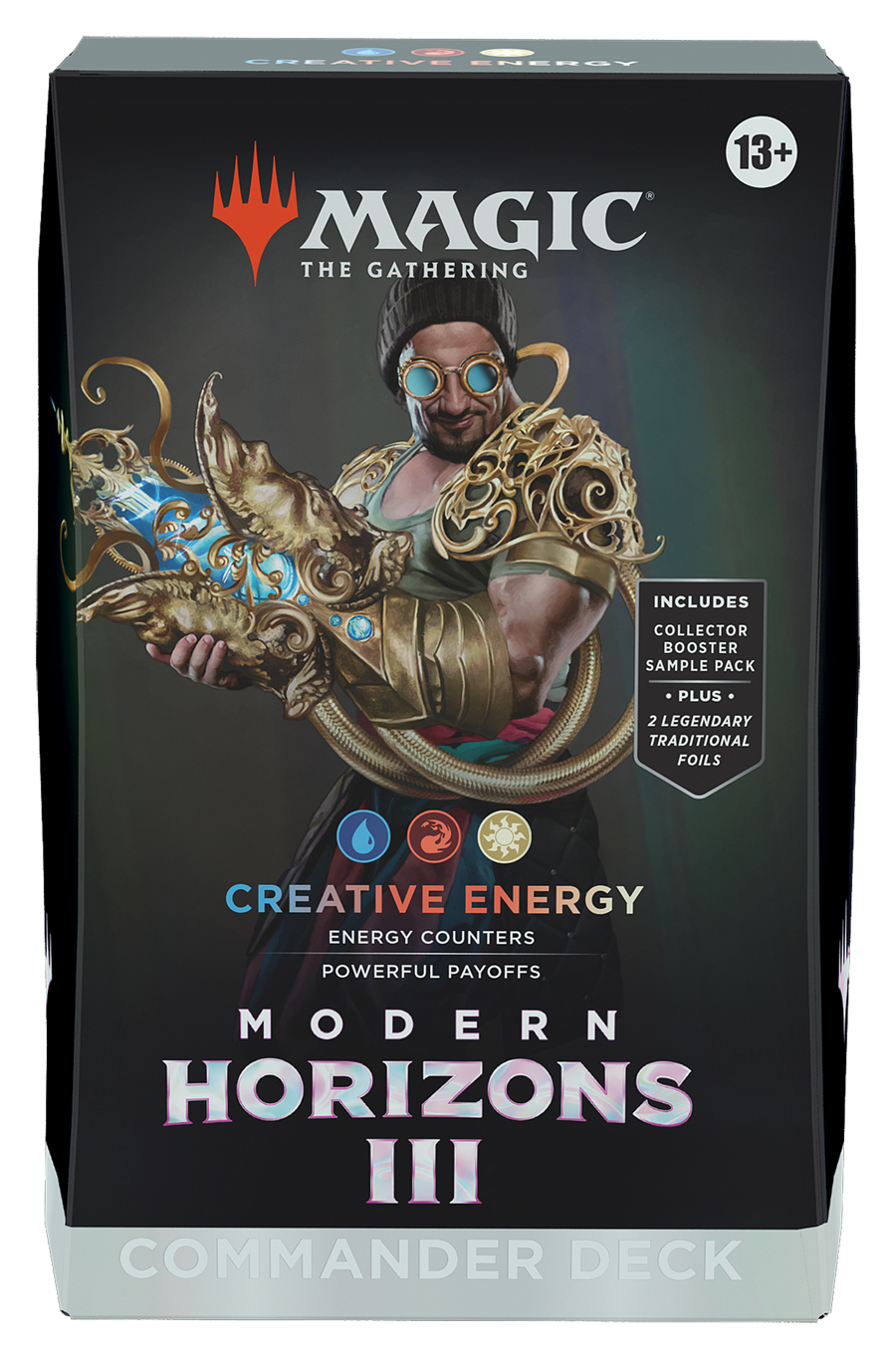 Magic: The Gathering Kartenspielbox. Enthält eine Figur mit Brille und futuristischem Arm.