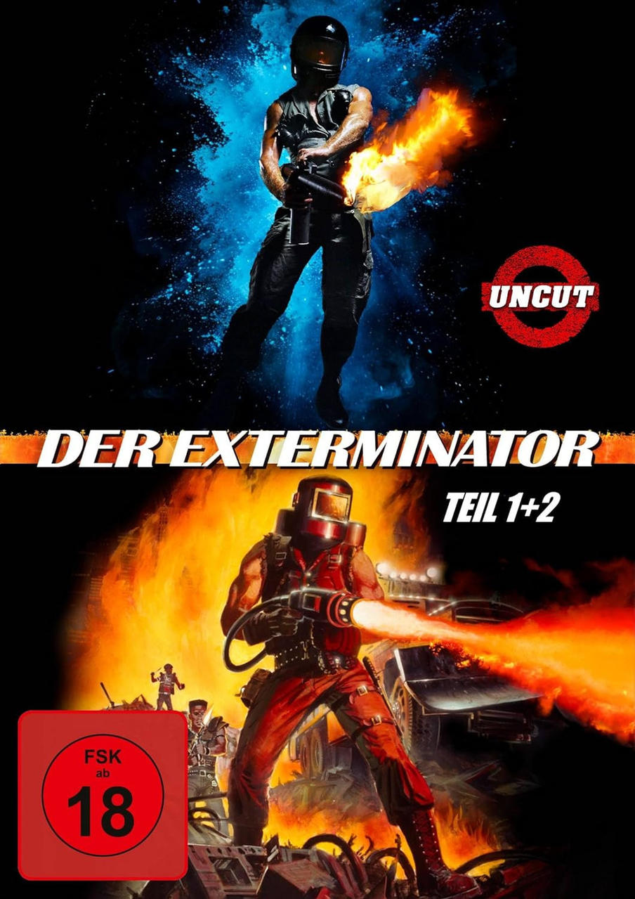 Filmposter. Oben: Mann mit Flammenwerfer. Unten: Mann mit Schweißmaske, hält Flammenwerfer.