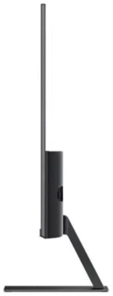 Czarny monitor, widok z boku, pokazujący smukłą konstrukcję i podstawę.