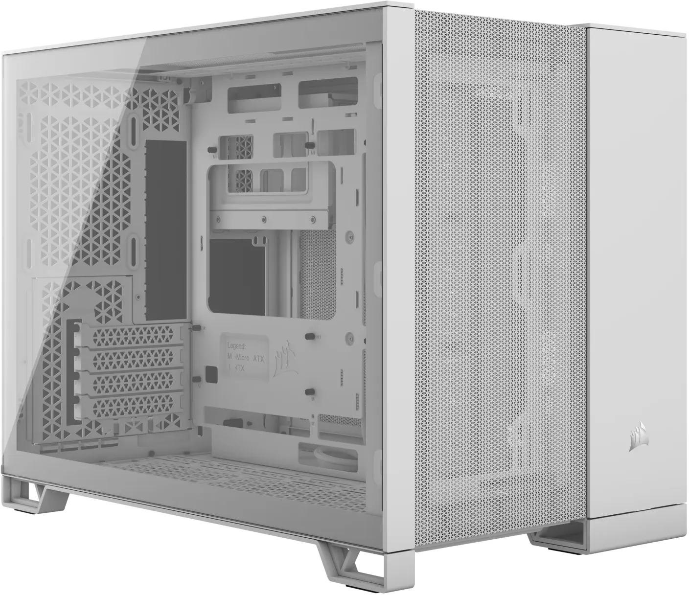 Weißes PC-Gehäuse mit Glas-Seitenwand, Mesh-Front und sichtbaren Innenkomponenten.