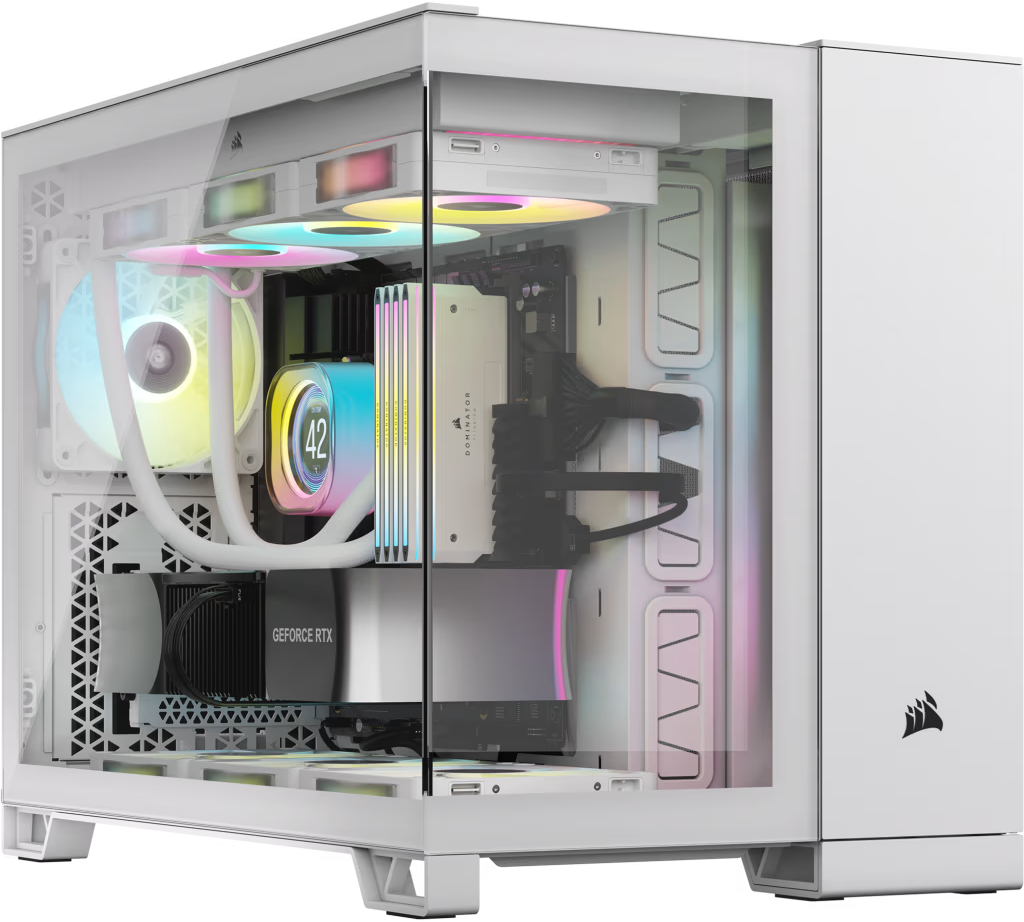 Weißes PC-Gehäuse mit sichtbaren internen Komponenten. Transparente Seitenwand, farbenfrohe Lichter, schwarze Komponenten.