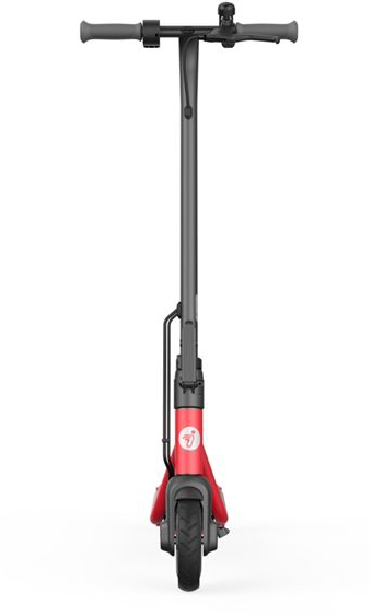 Egy elektromos roller, piros és fekete, elölnézetből.