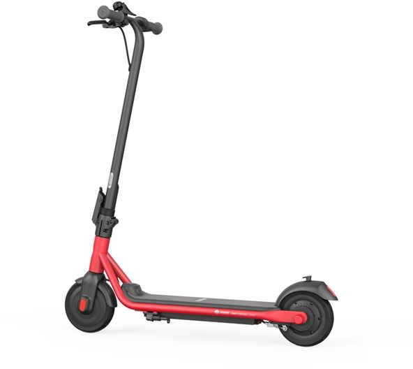 Piros-fekete elektromos roller fehér háttérrel. A kormány, a szár és a deszka látható.
