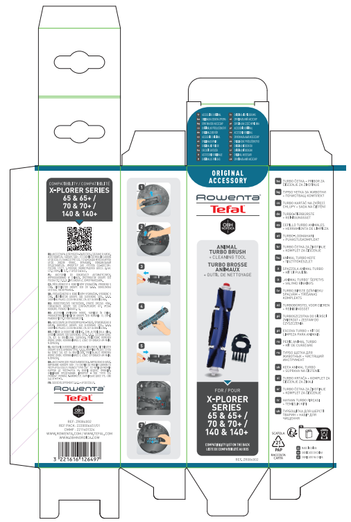 Tefal X-PLORER porszívó doboz termék részletekkel és tartozék képekkel.
