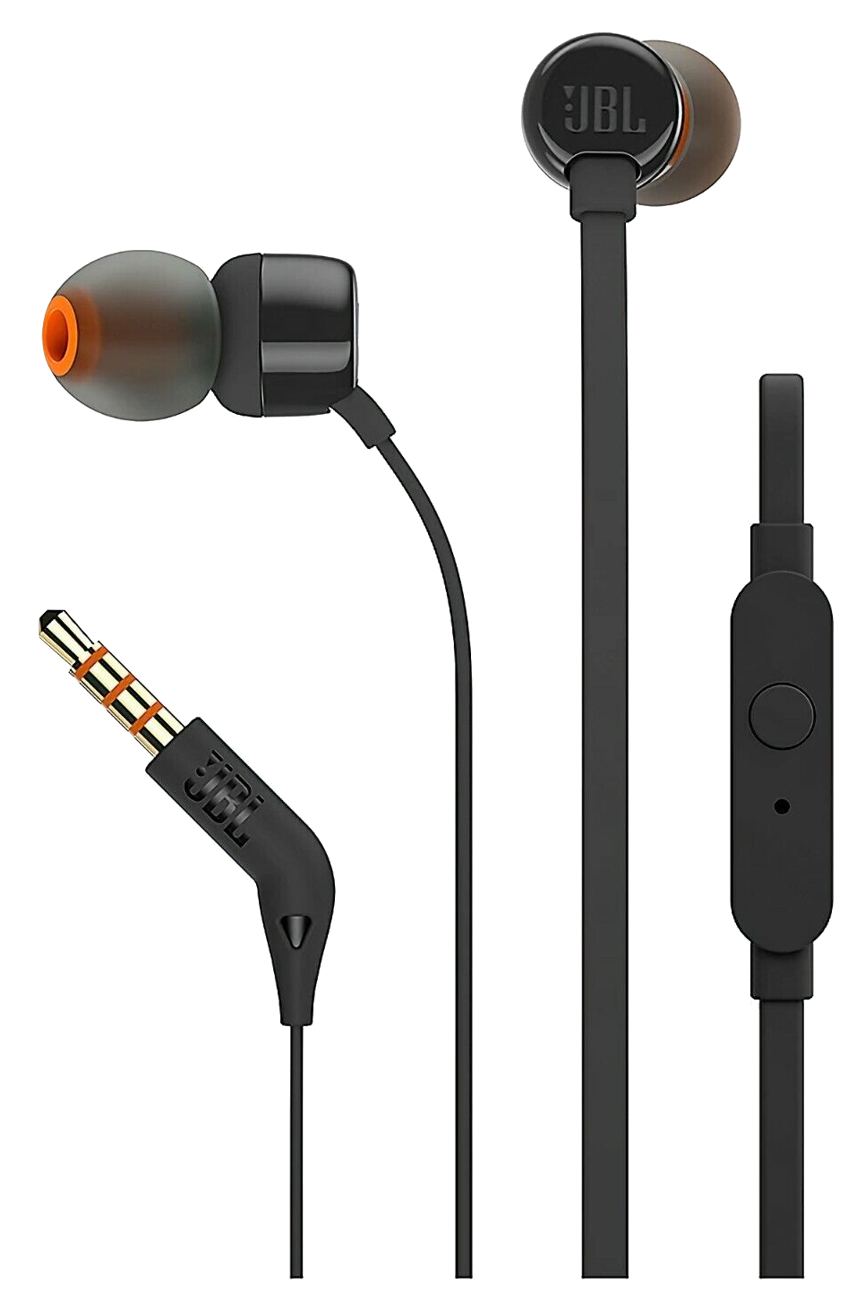 Fekete JBL fülhallgató narancssárga füldugóval és mikrofonnal.