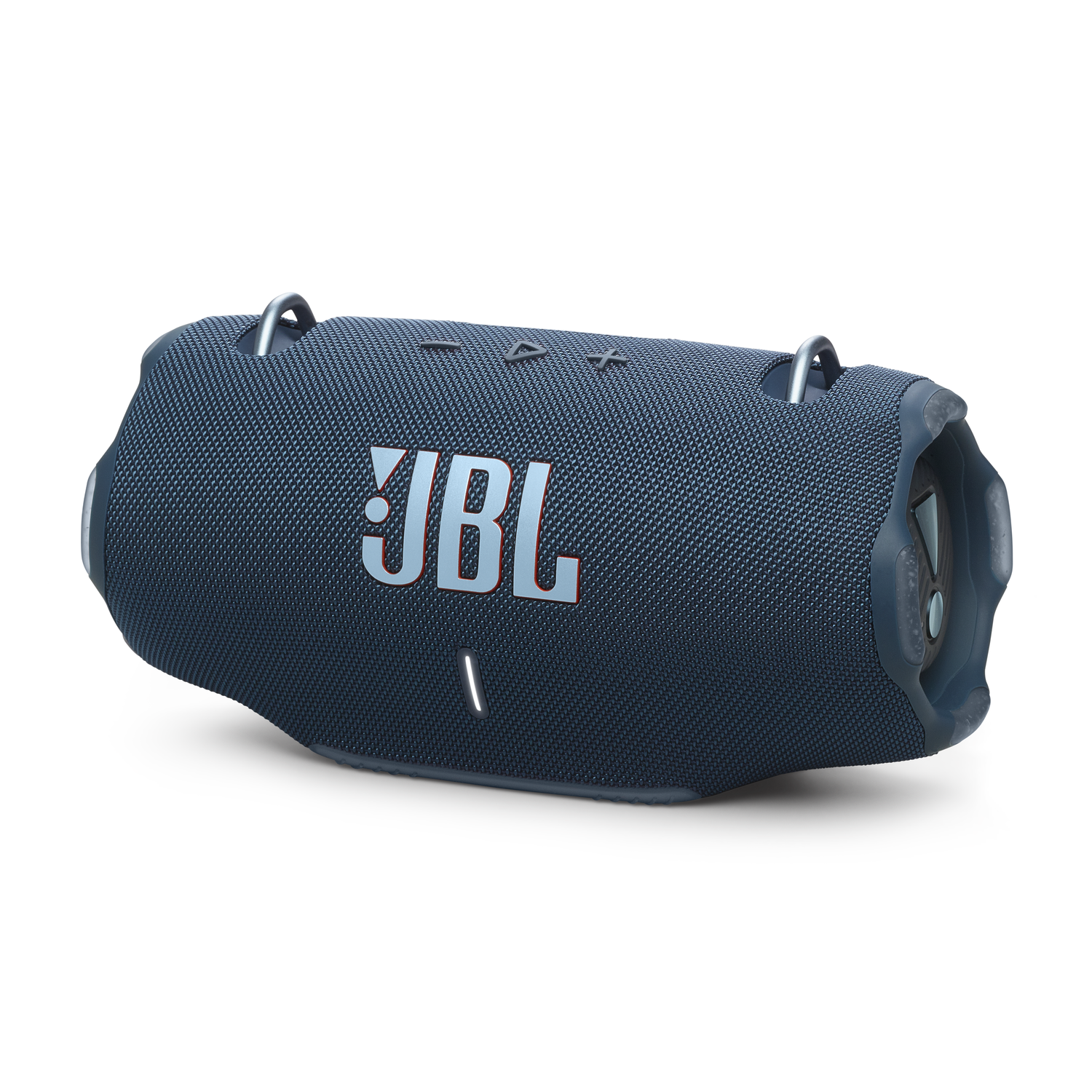 A blue JBL speaker with silver accents.