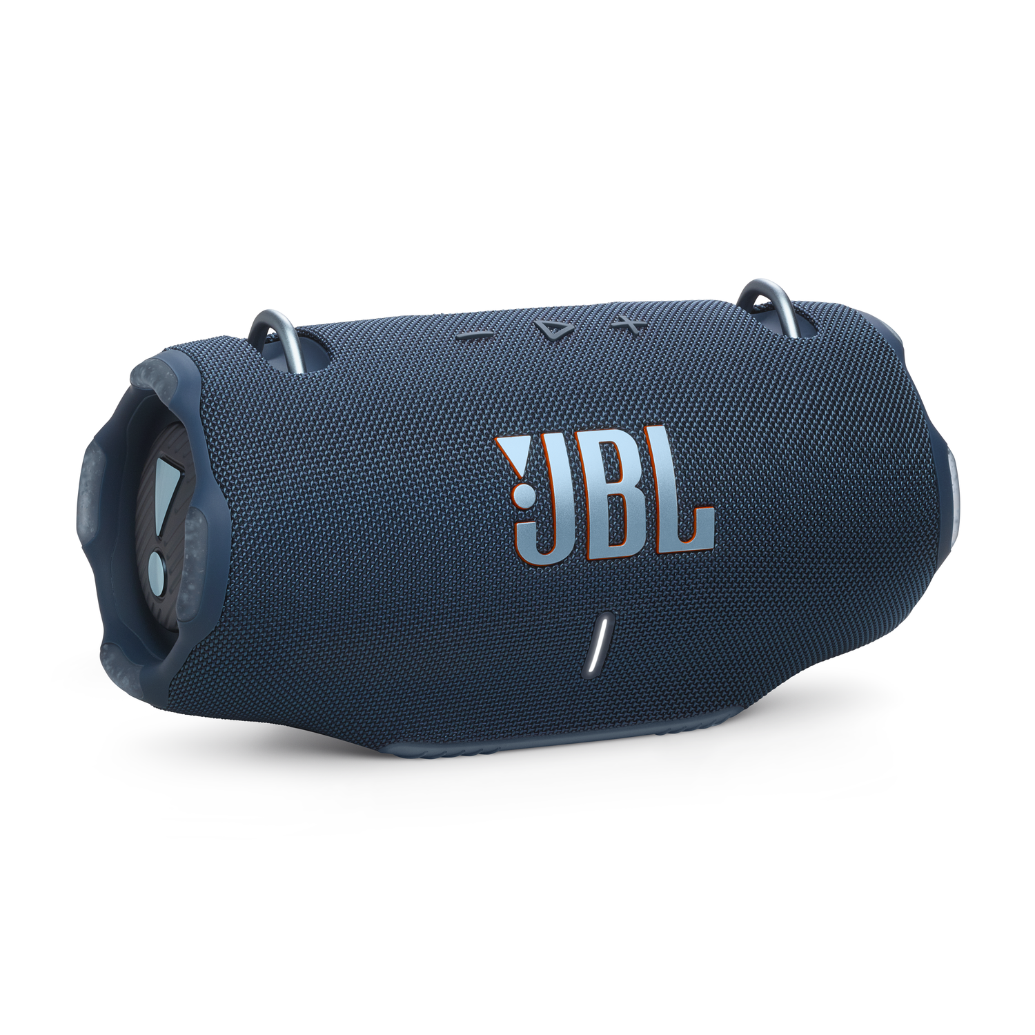 Blue and black JBL speaker, cylindrical shape, with silver JBL logo and controls.