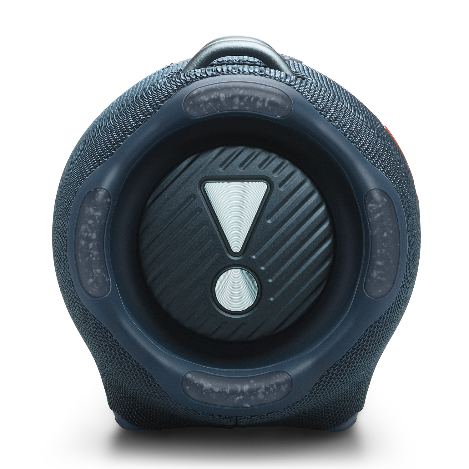 Dark blue speaker with a handle. It has a large exclamation mark on the front.