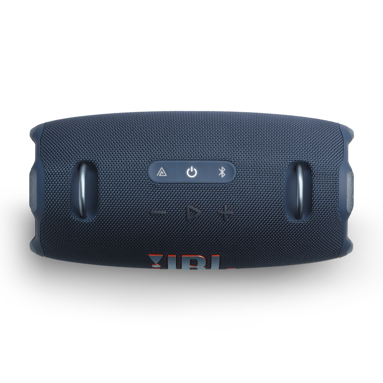 A blue and black JBL portable speaker seen from above.