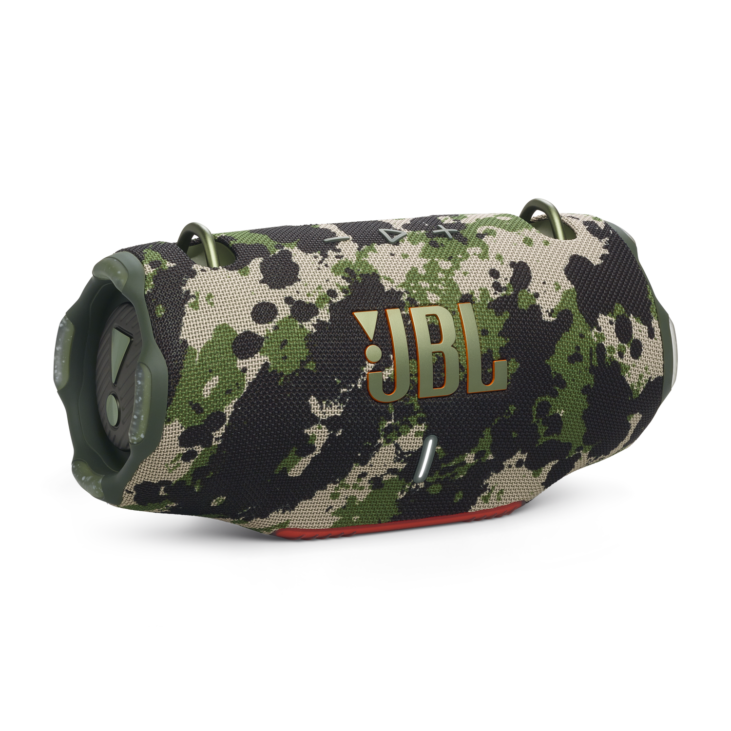Een JBL draagbare luidspreker met camouflagepatroon, met het JBL-logo in goud.