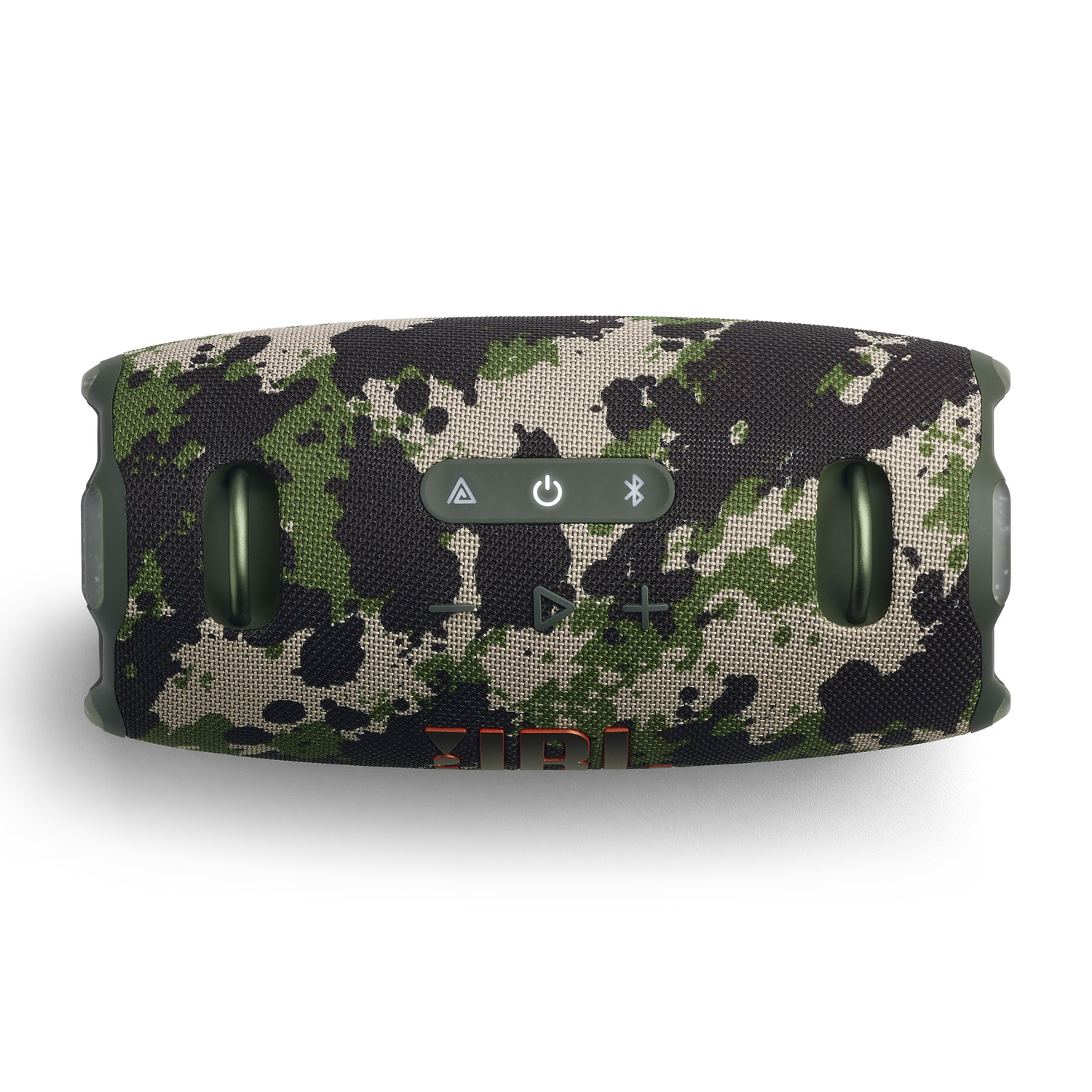Luidspreker met camouflagepatroon met bedieningsknoppen aan de bovenkant.