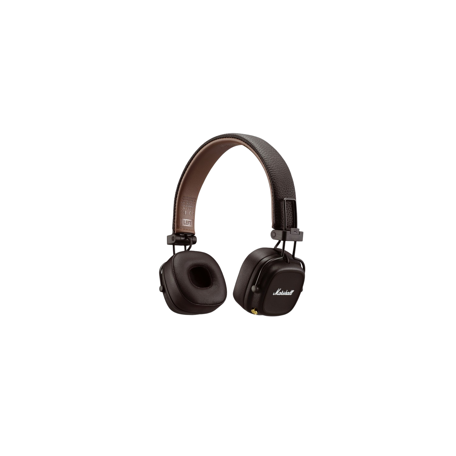 Zwarte Marshall koptelefoon. Leren oorschelpen en hoofdband. Gouden accenten. Geïsoleerd op zwarte achtergrond.