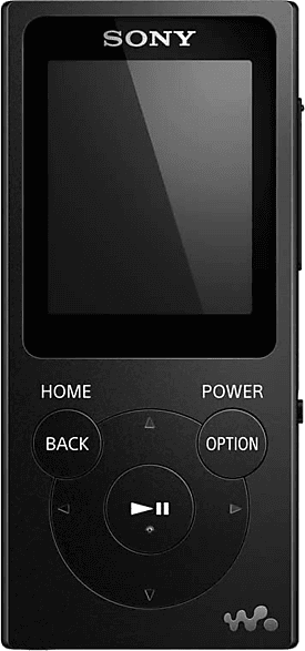 Fekete Sony MP3-lejátszó képernyővel és gombokkal, beleértve a home, back, power és option gombokat.
