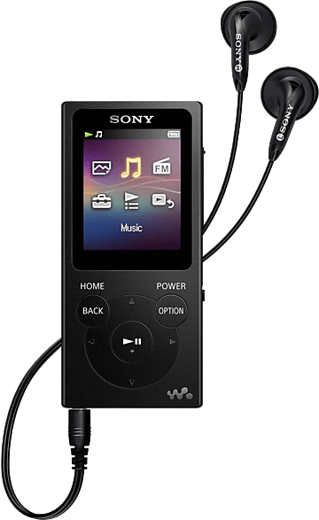 Fekete Sony MP3 lejátszó képernyővel és vezérlőkkel, fülhallgatóval, fehér háttéren.