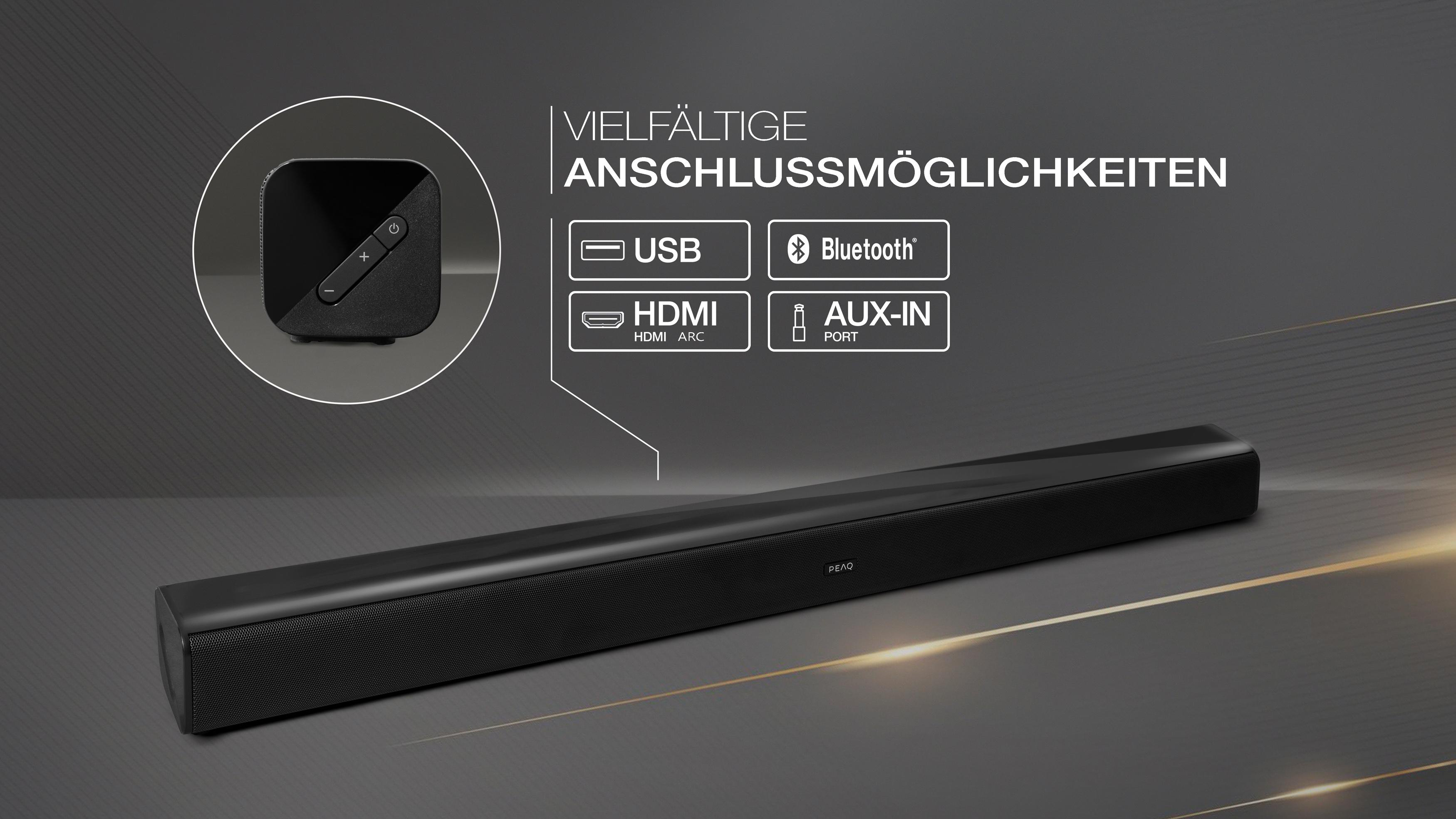 Schwarze Soundbar mit Anschlussmöglichkeiten und separatem kleinem Bedienfeld.