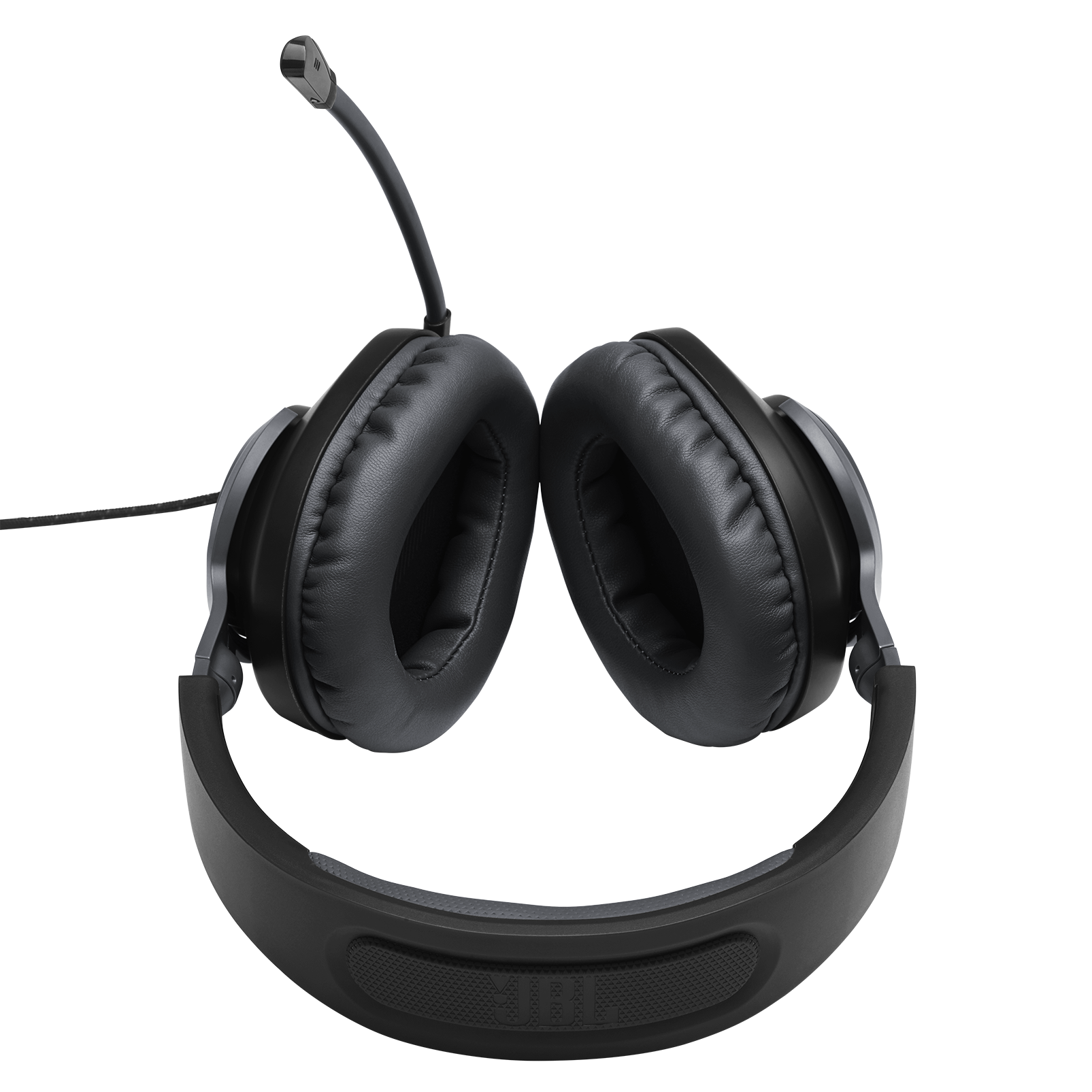 Fekete gamer headset mikrofonnal, elölre néző fülkagylókkal, fekete háttéren.
