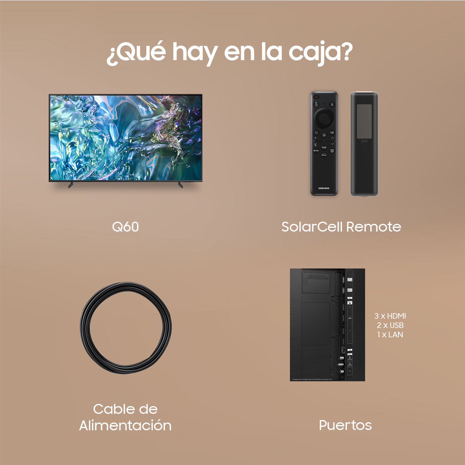Un televisor con un mando a distancia, cable y puertos en una caja. El televisor está etiquetado como Q60.