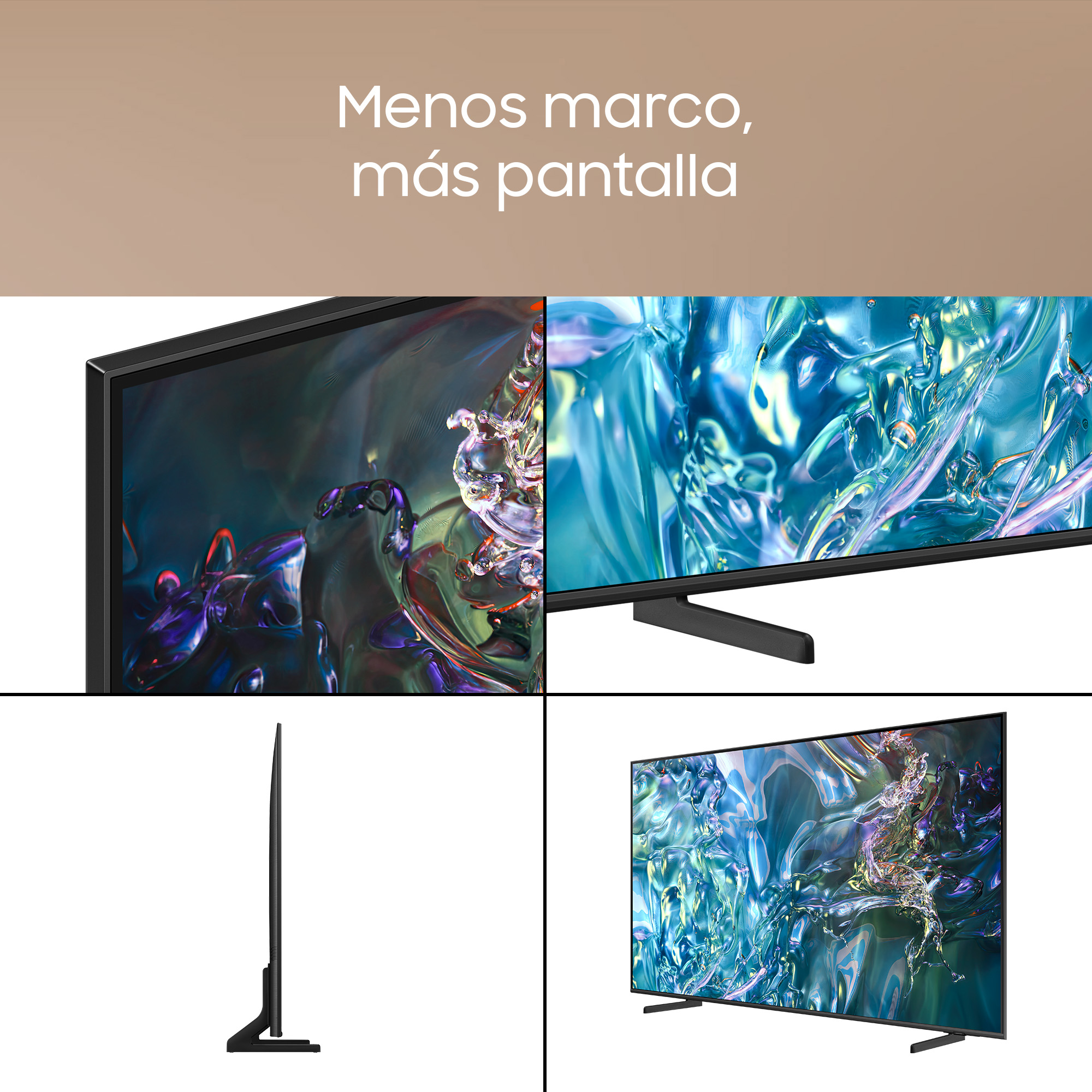 Cuatro imágenes de un televisor. Una vista lateral, dos vistas superiores y una con pantalla colorida.