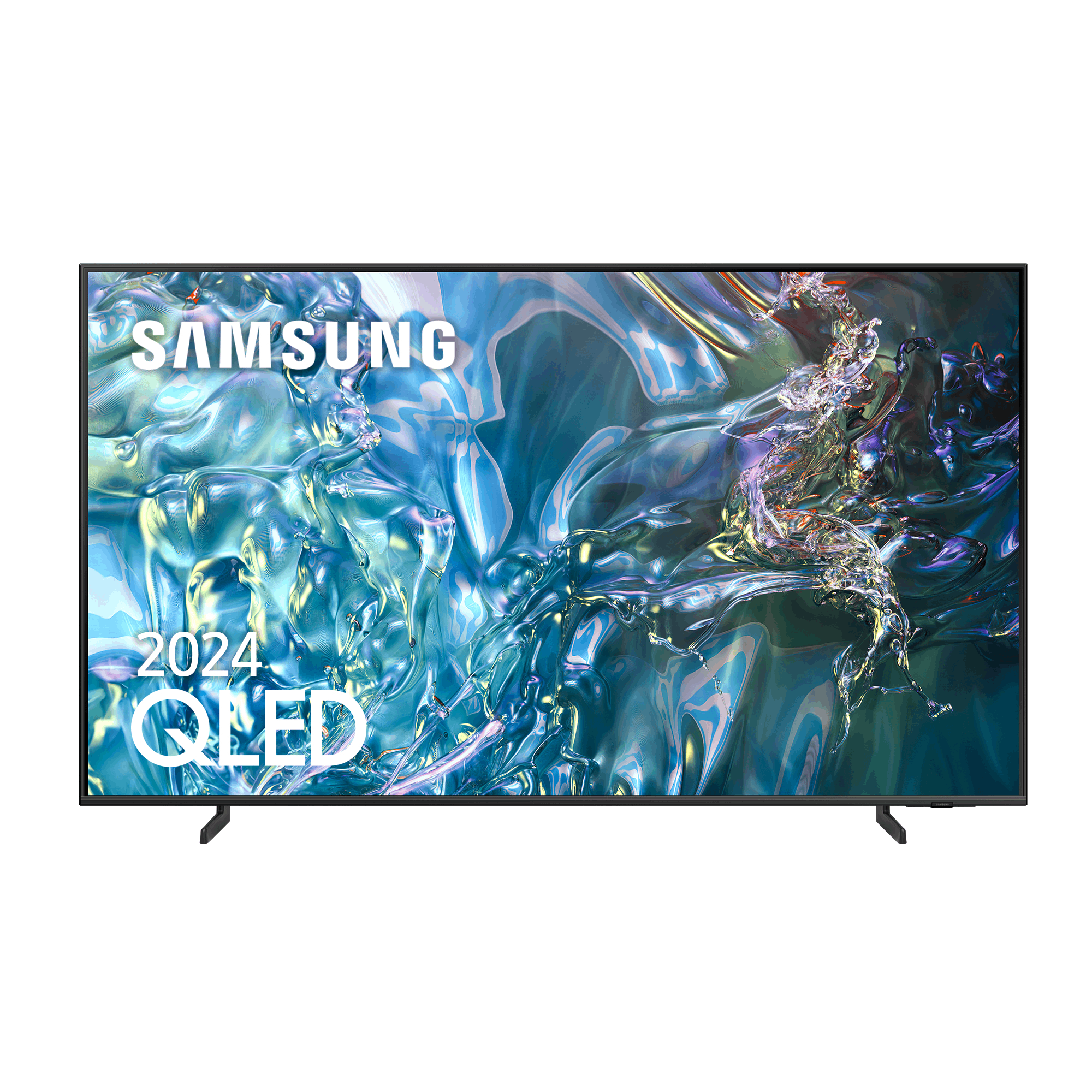 Un televisor Samsung de pantalla plana grande. Muestra un fondo abstracto azul y blanco.