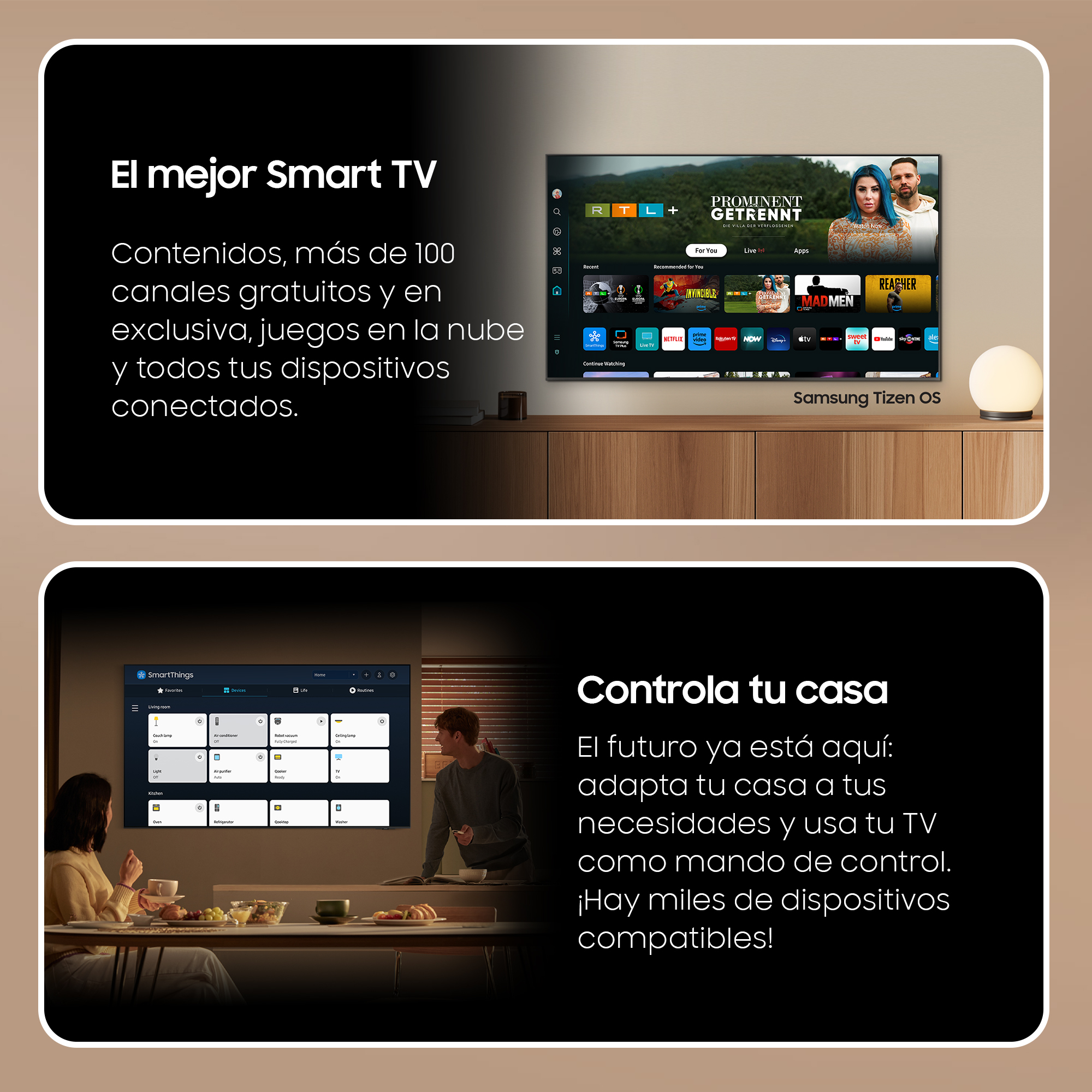 Anuncios sobre televisores inteligentes. Uno con un televisor, el otro con dos personas mirando una pantalla.