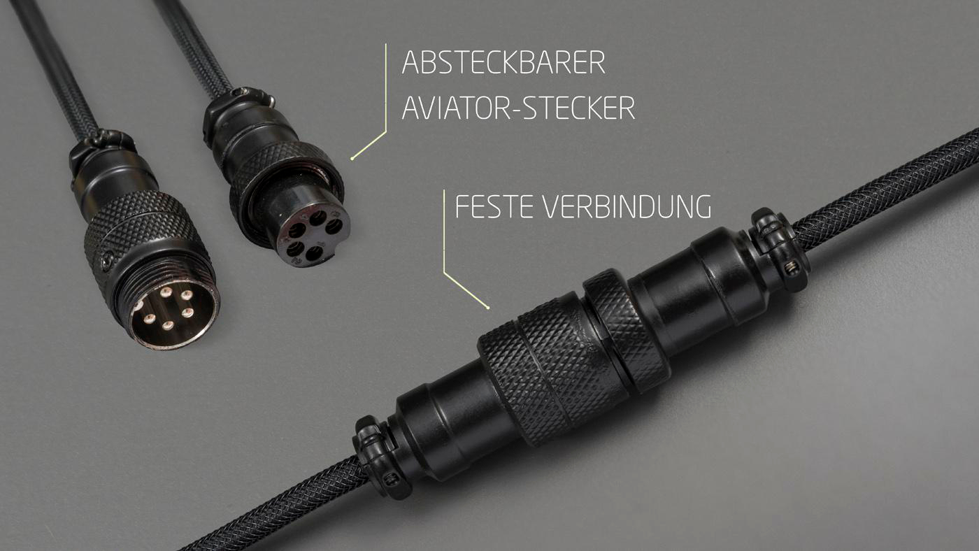 Nahaufnahme von schwarzen Luftfahrtsteckern mit Textetiketten auf Deutsch. Kabel sind sichtbar.