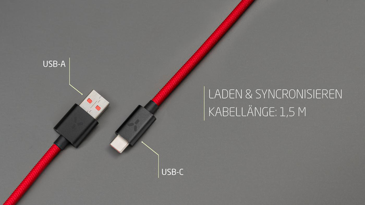 Rotes USB-A- und USB-C-Kabel nebeneinander auf grauem Hintergrund.