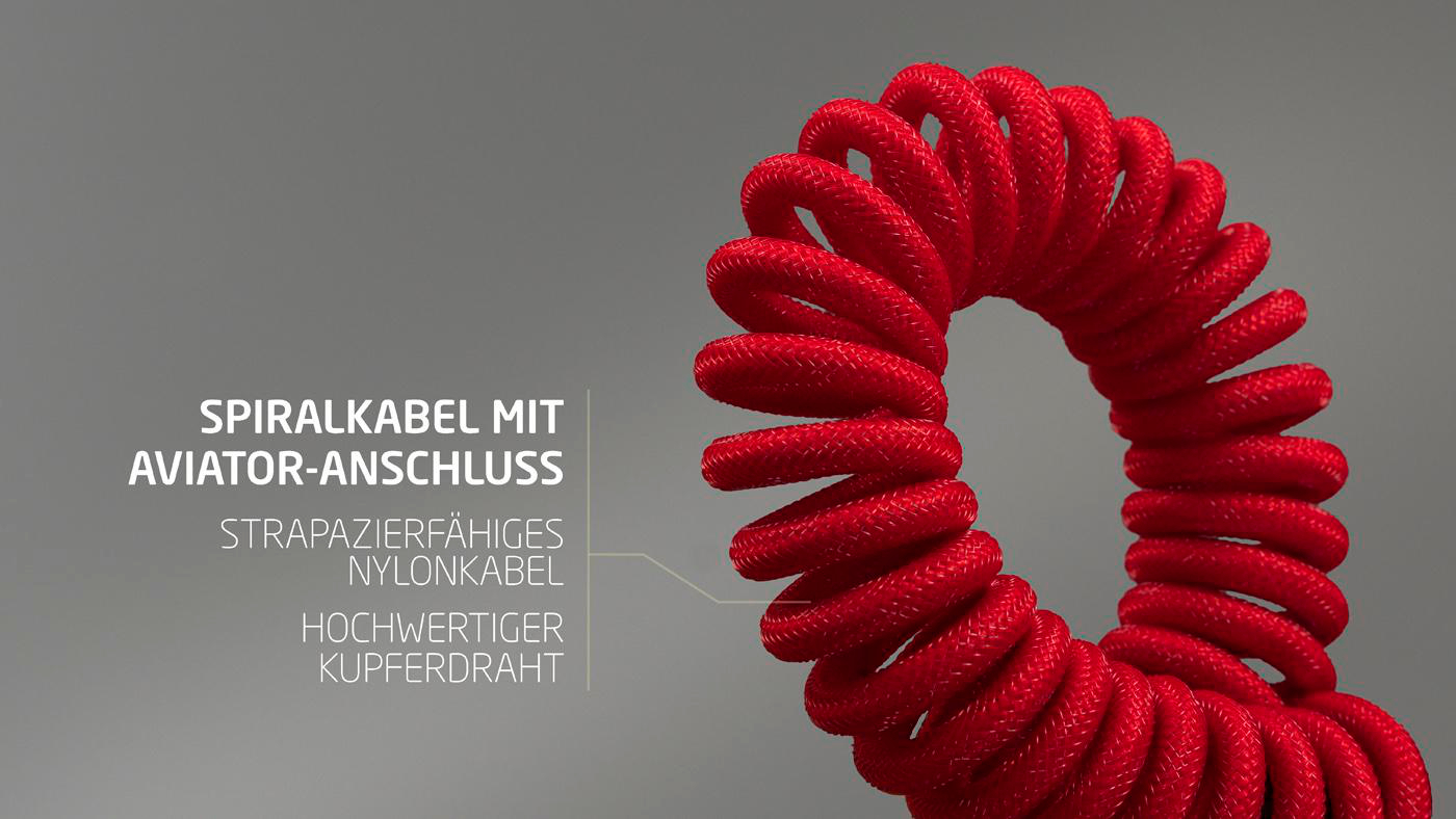 Rotes Spiralkabel mit Text in Deutsch: Spiralkabel mit Aviator-Anschluss, Nylonkabel, Kupferdraht.