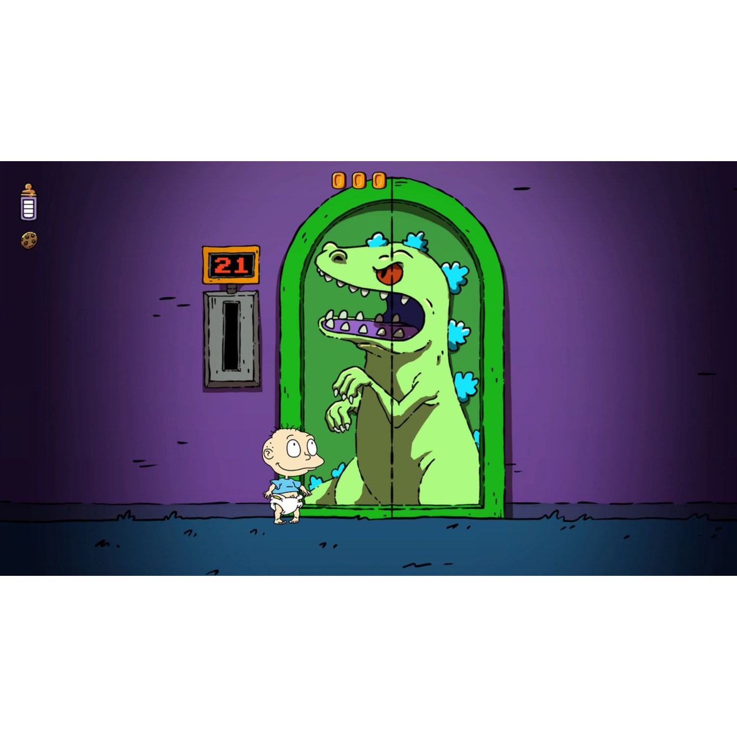 Een cartoonscène met een baby en een groene dinosaurus in een paarse kamer.
