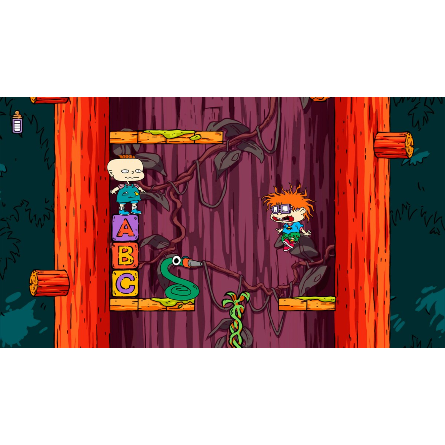 Cartoon van een videogame met personages en letters op houten platforms in een boom.