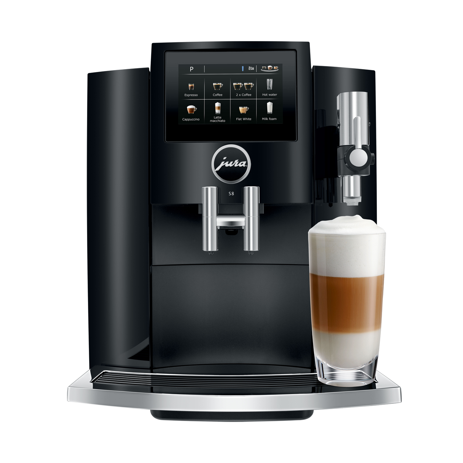 Black Jura coffee machine. Latte glass is on a tray. White background.