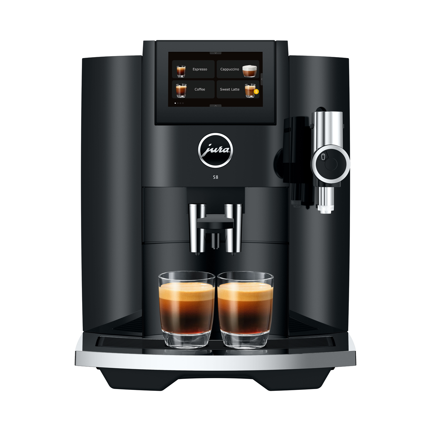 Black Jura coffee machine, two espresso shots in glasses.