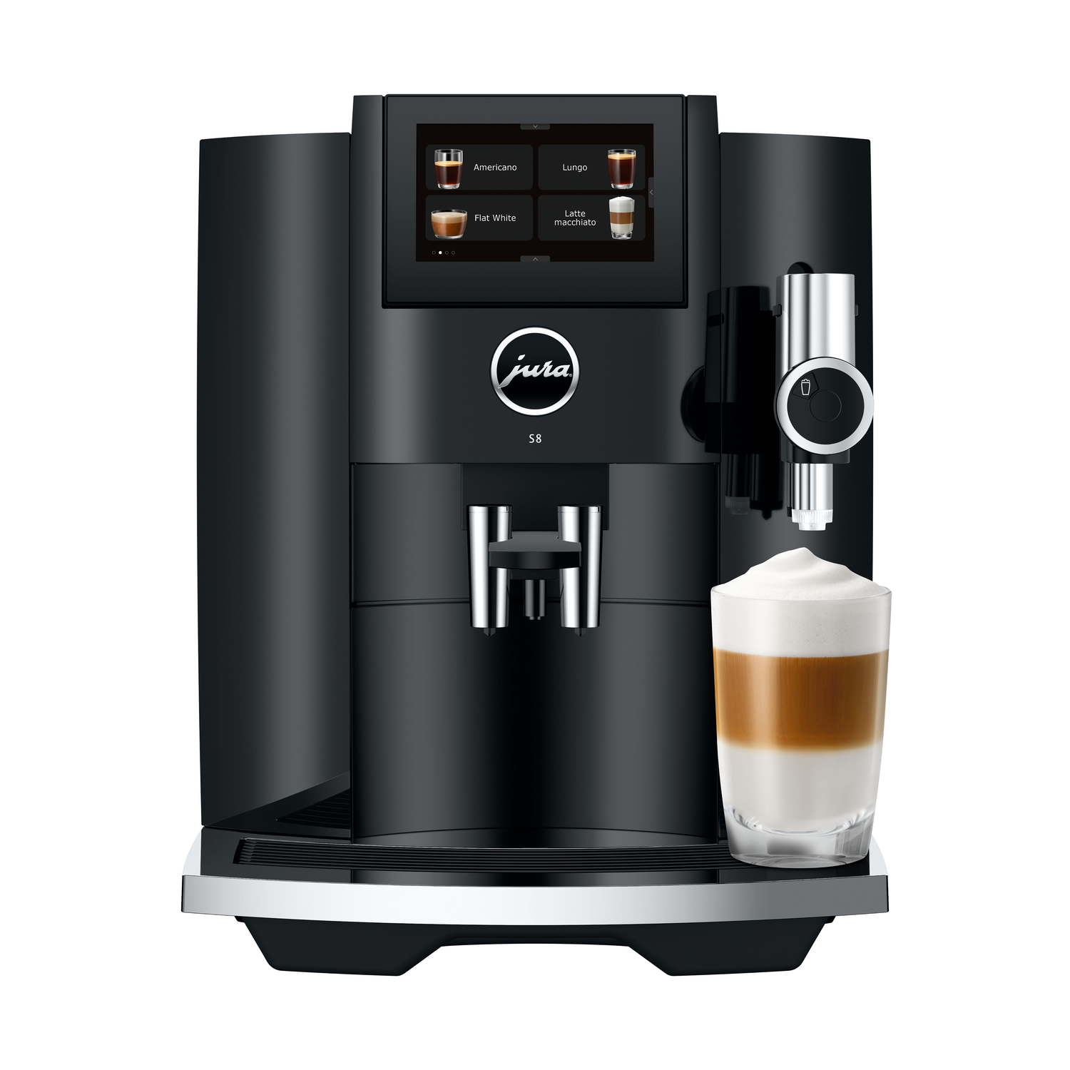 Black Jura coffee machine with display and a glass of latte macchiato.