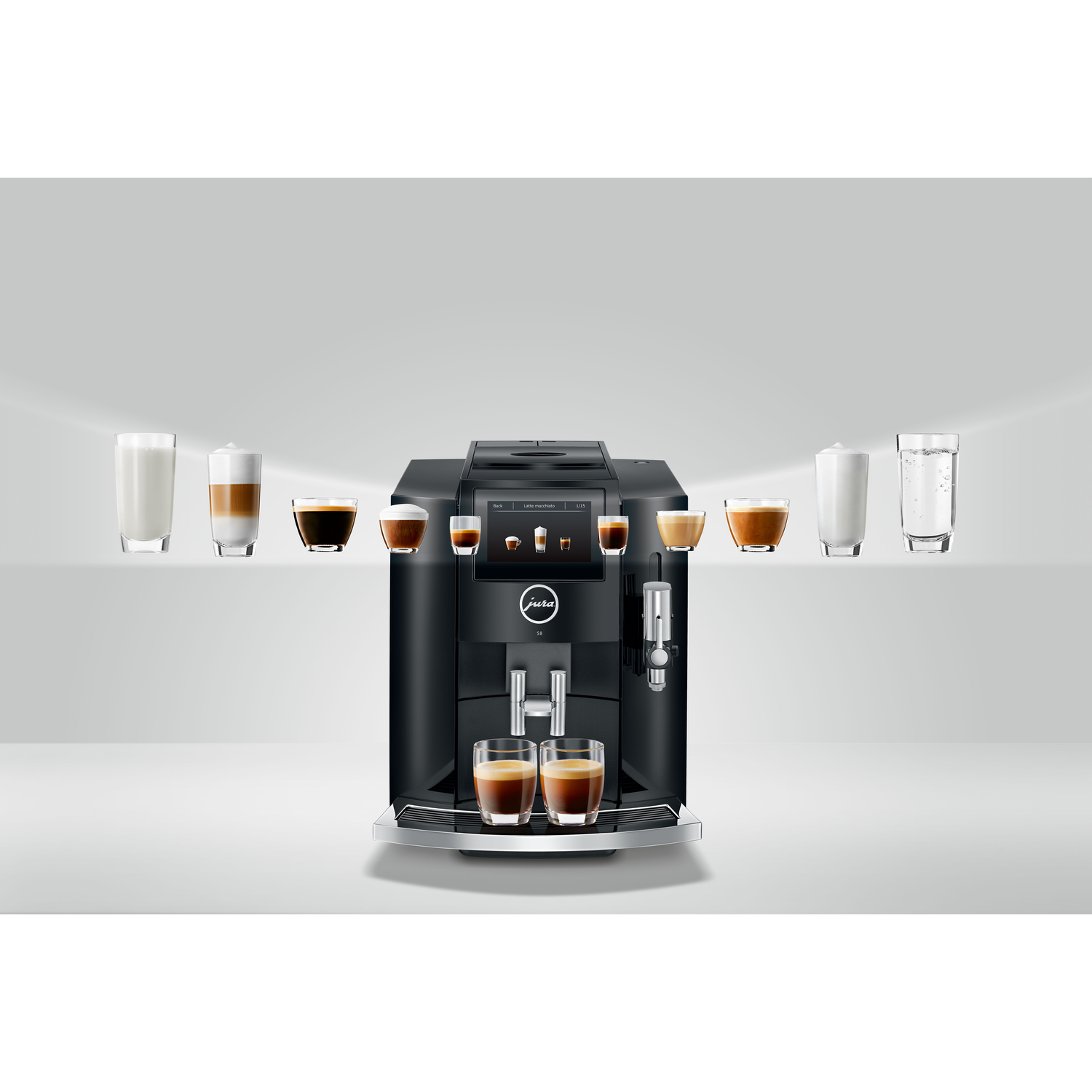 Black JURA espresso machine with various coffee drinks and glasses.