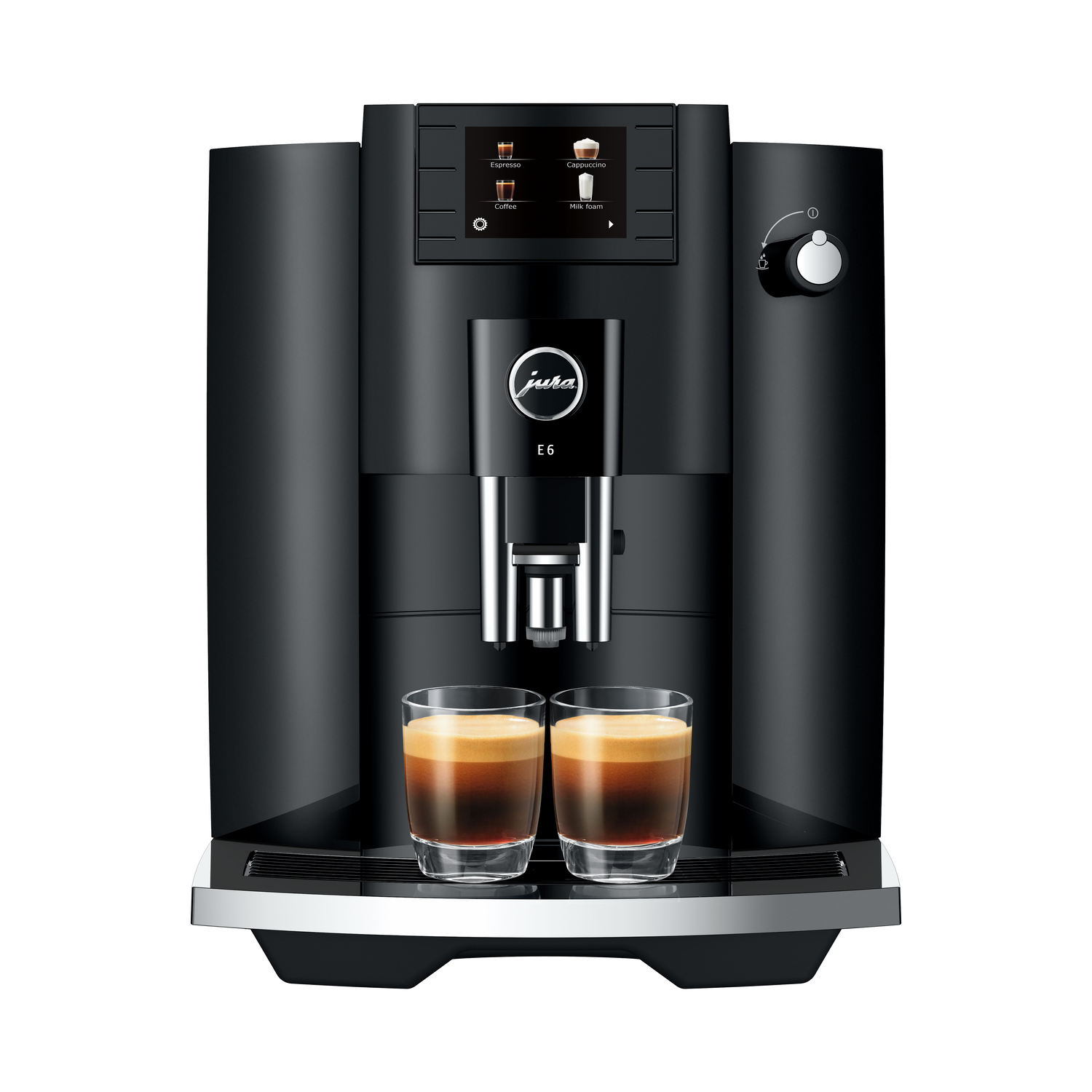 Black Jura E6 coffee machine with two glasses of espresso and a touch display.