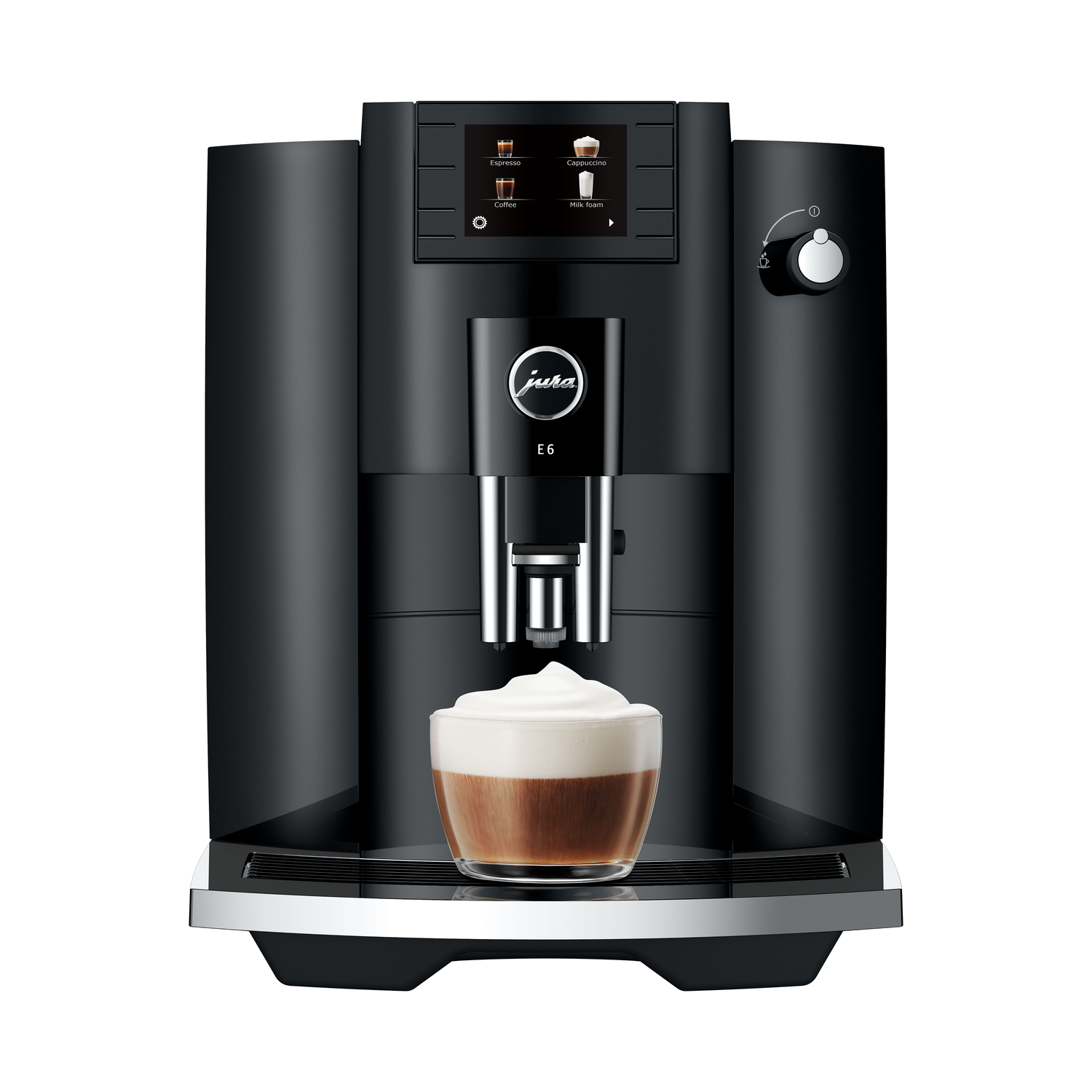 A black coffee machine with a glass of foamy coffee underneath. The Jura logo is on the front.