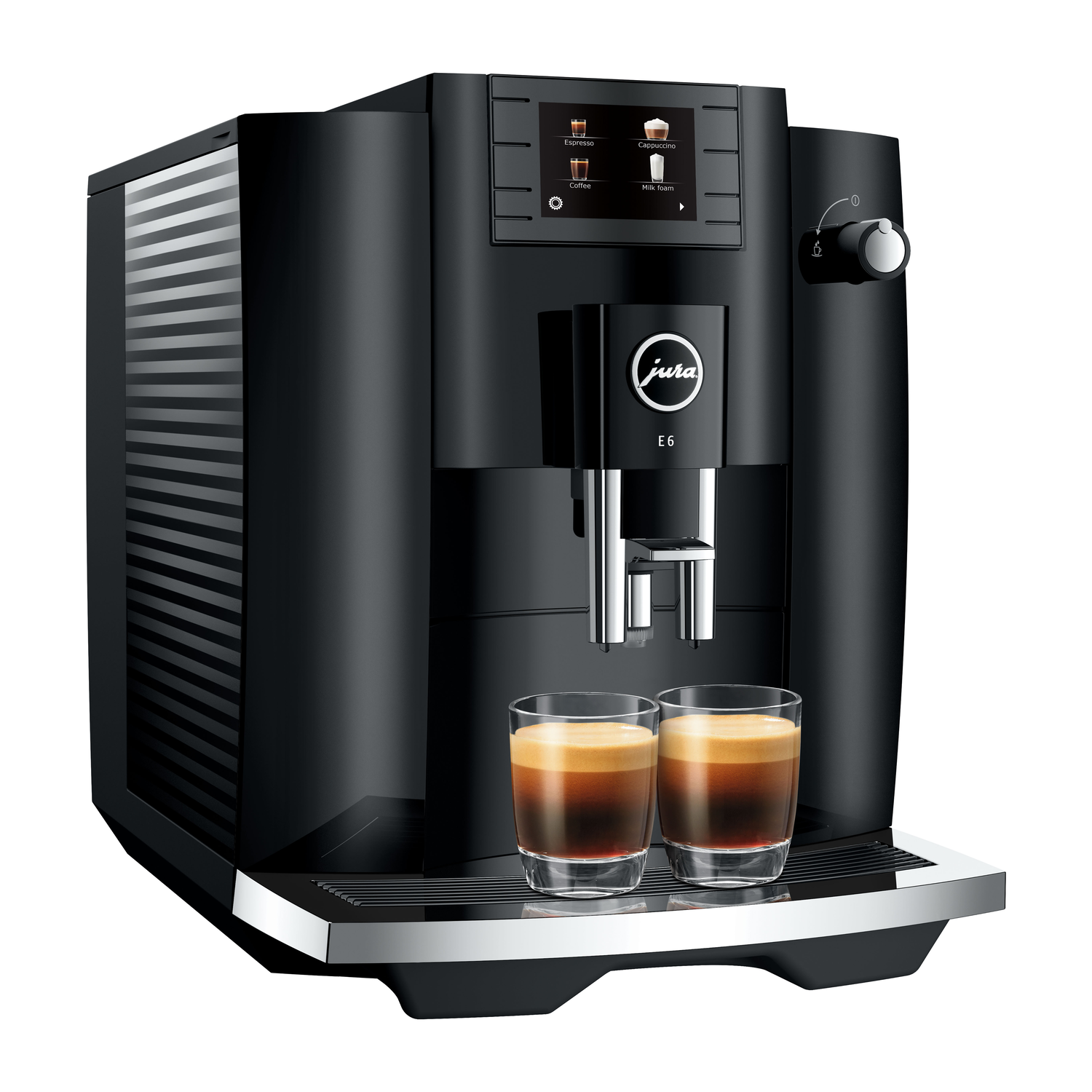 A black Jura E6 coffee machine. Two glasses of coffee are on the tray, the machine is on white.