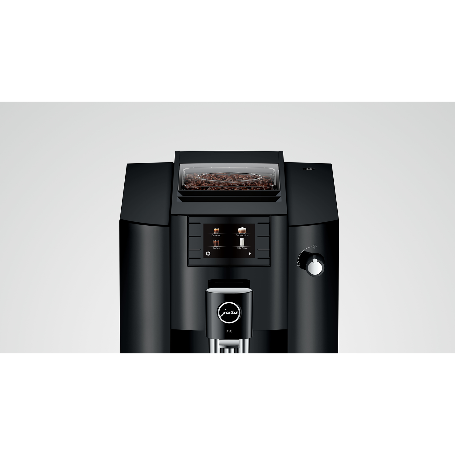 Black coffee machine with a touchscreen display, coffee beans, and a Jura logo.