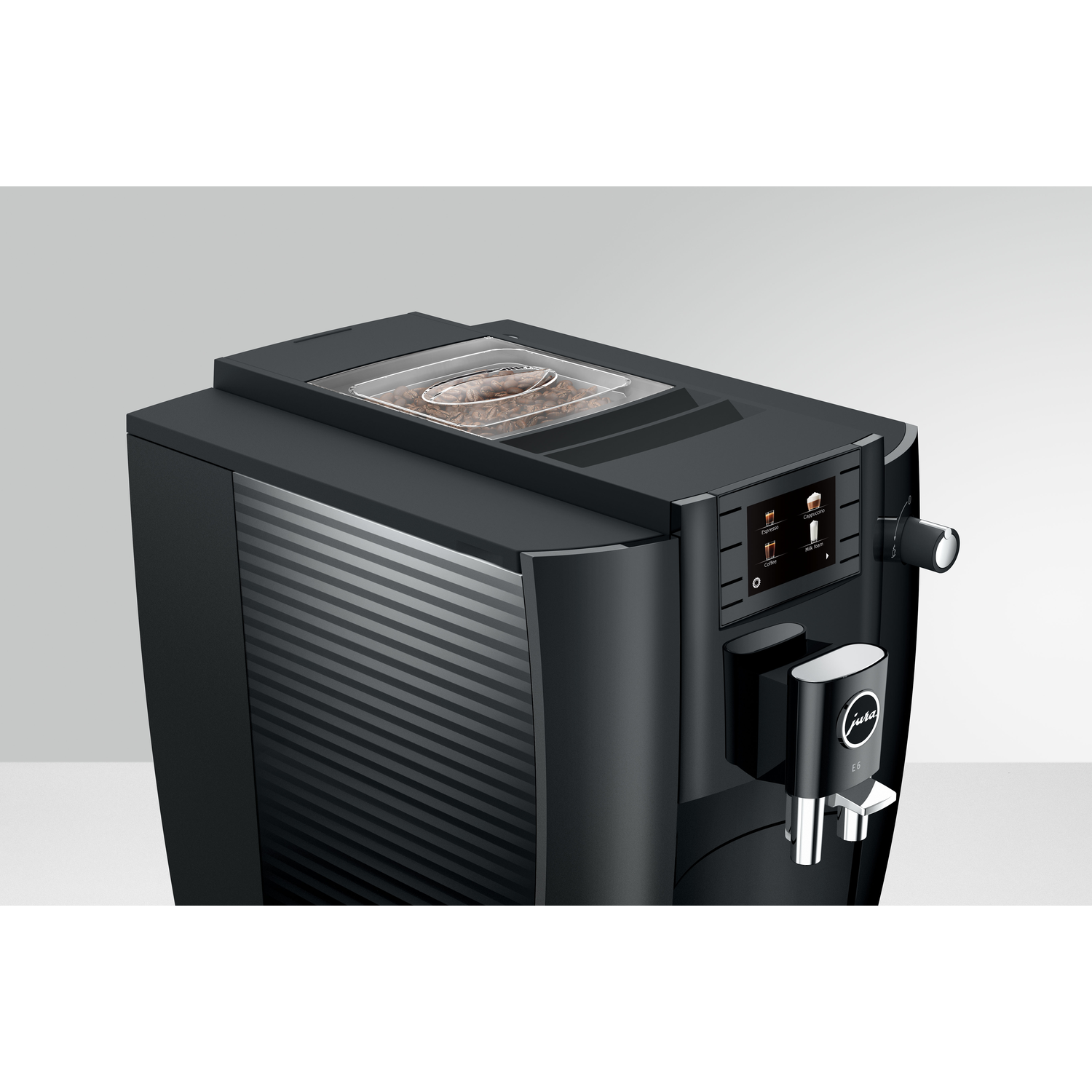 A black coffee machine with a transparent bean container. A display screen is visible on the right.