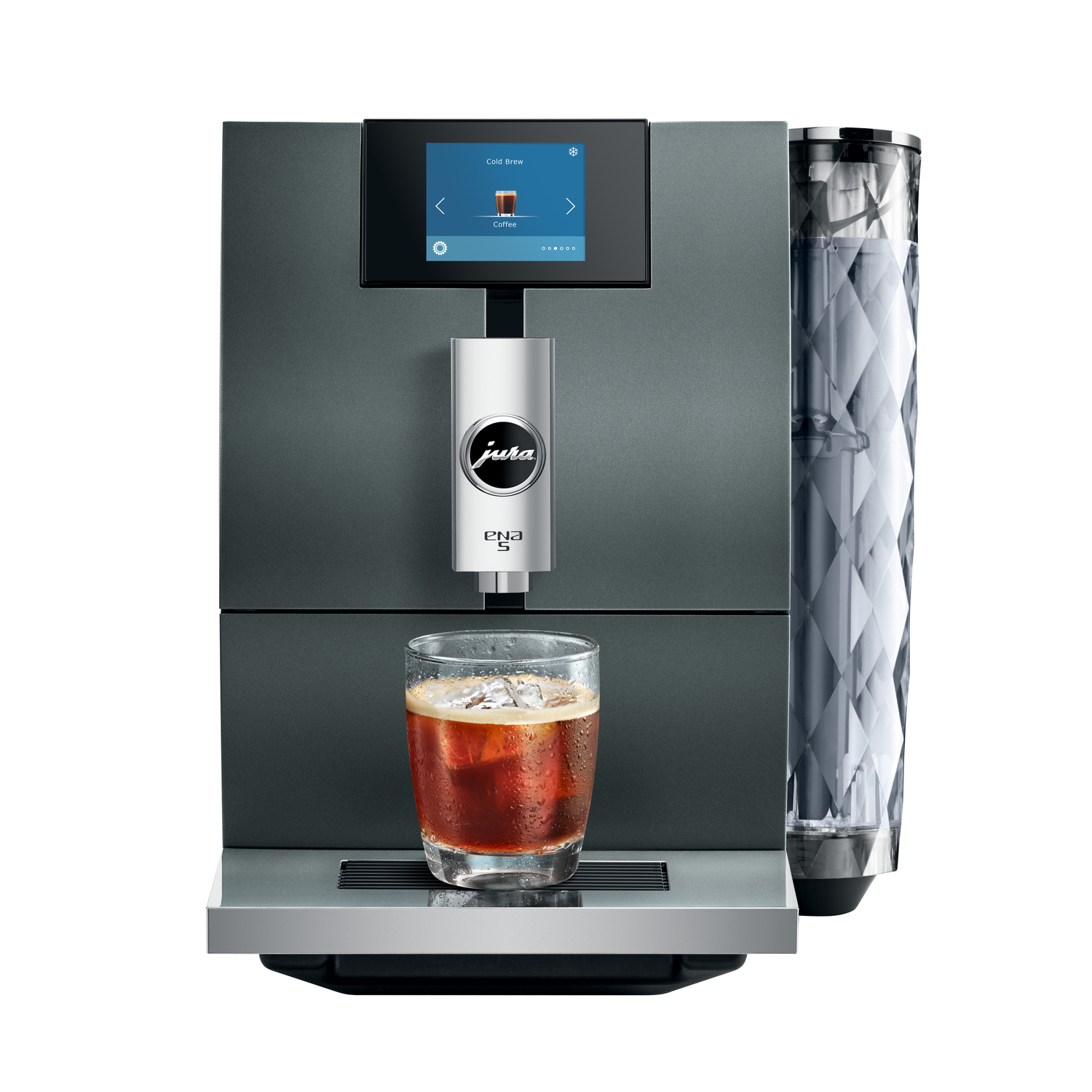 Dark grey coffee machine with a glass of iced coffee.