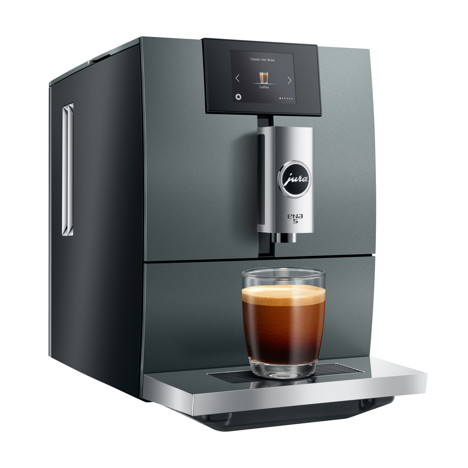 Dark gray Jura E8 coffee machine with a glass of espresso. The machine has a touchscreen and is silver.