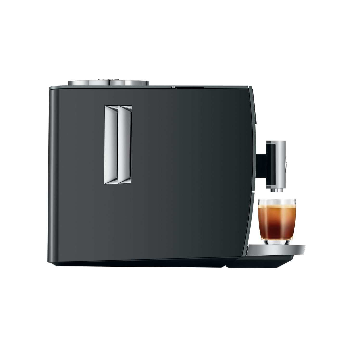 A black Jura S8 coffee machine, with a glass of coffee being dispensed.