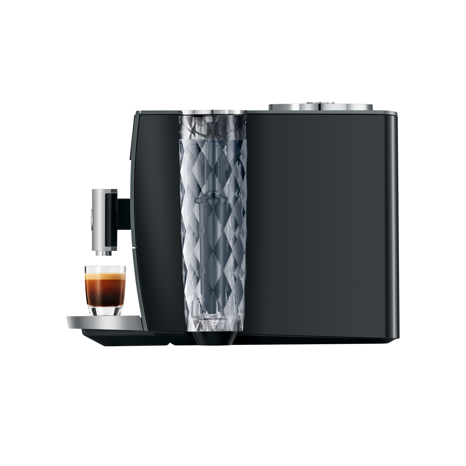 Black Jura coffee machine with a small espresso and a water tank.