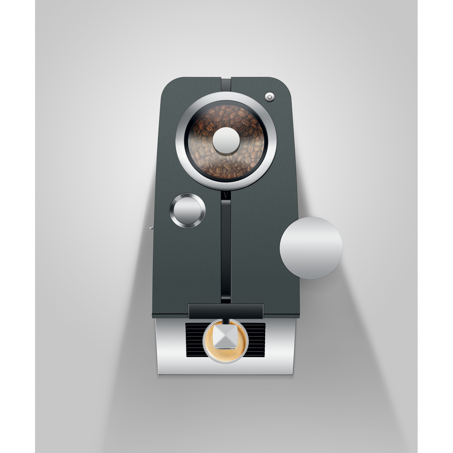 A top-down view of a coffee machine, showing beans, a touch panel, and a coffee cup.