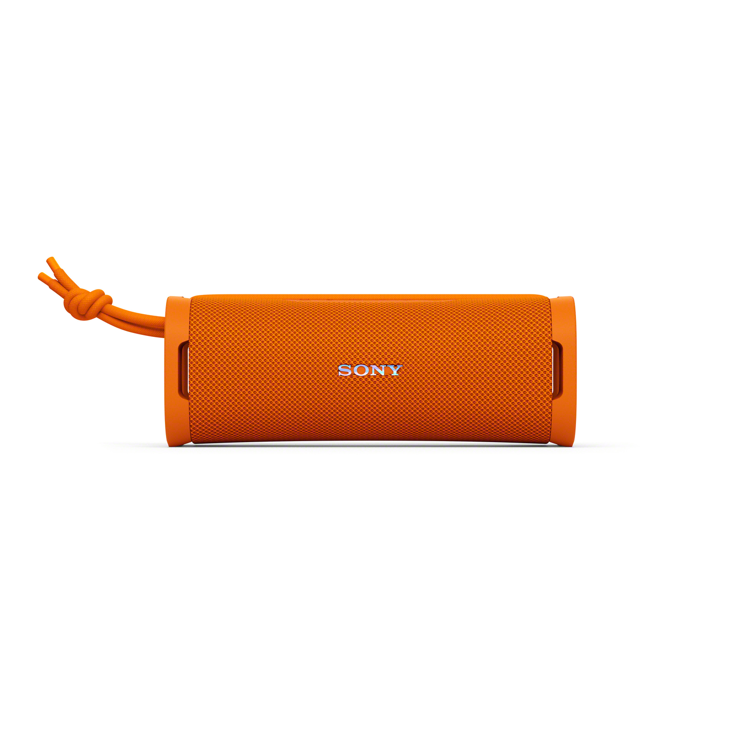 Haut-parleur orange avec une corde. La marque SONY est visible. Le fond est blanc.