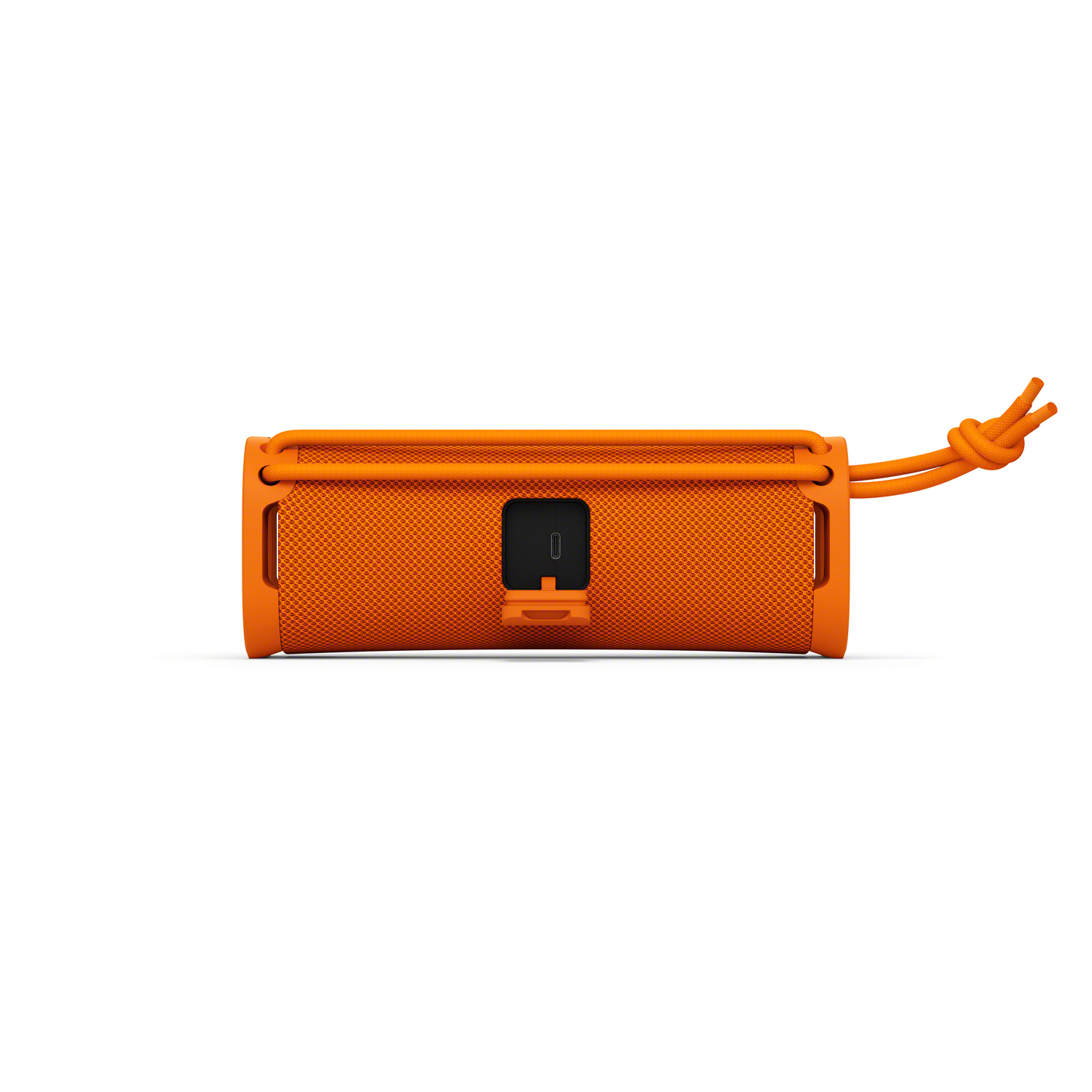 Enceinte orange avec port noir et poignée en corde, sur fond blanc.