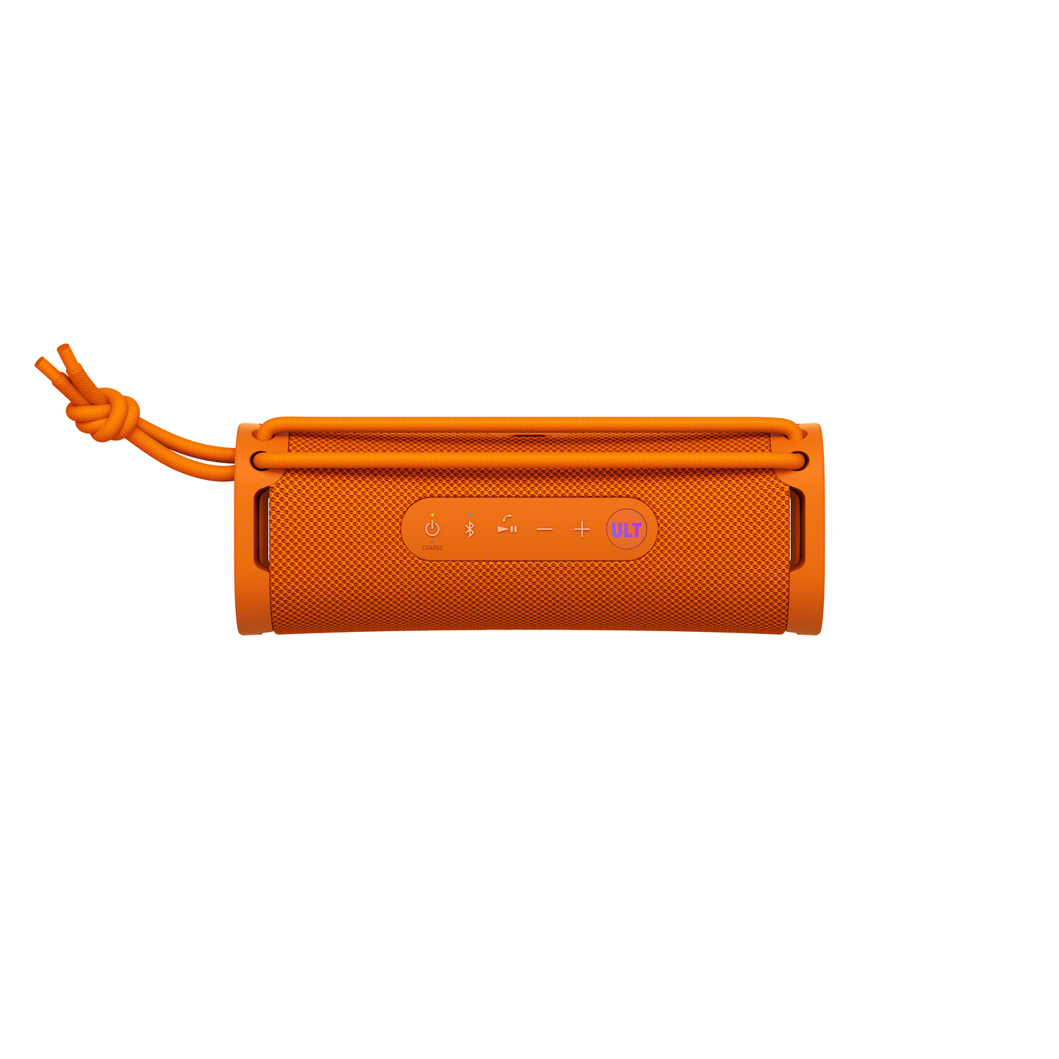 Haut-parleur rectangulaire orange avec boutons de commande et un cordon orange.