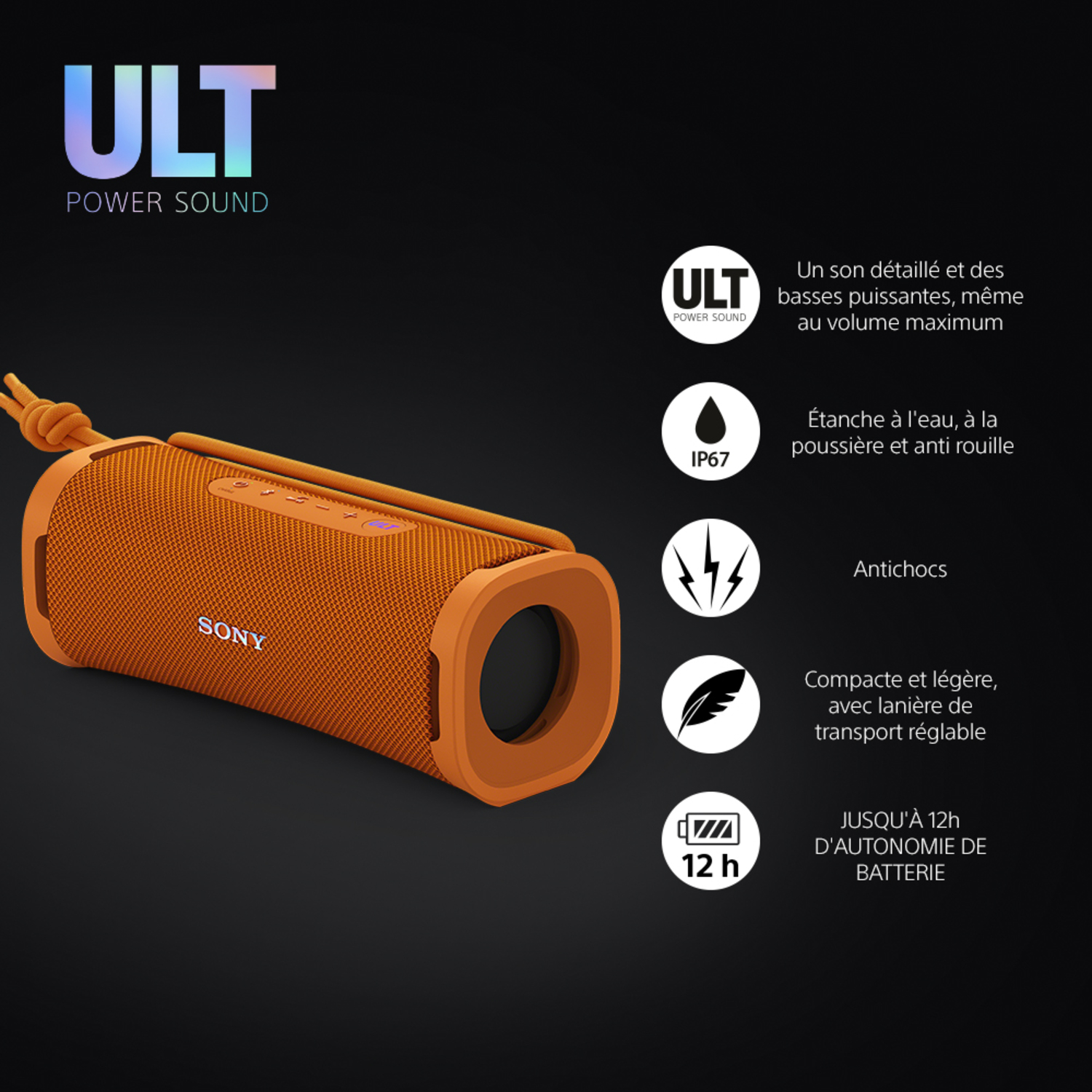 Haut-parleur Sony orange avec texte. Résistance à l'eau et batterie 12h.