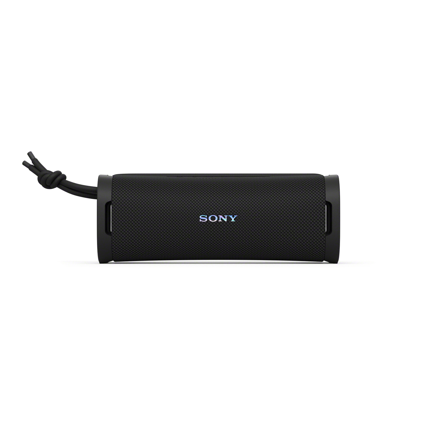 Black rectangular Sony speaker with a black strap on white background.